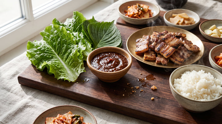 ssamjang c'est quoi : bol de sauce coréenne maison entouré de feuilles de salade et de porc grillé