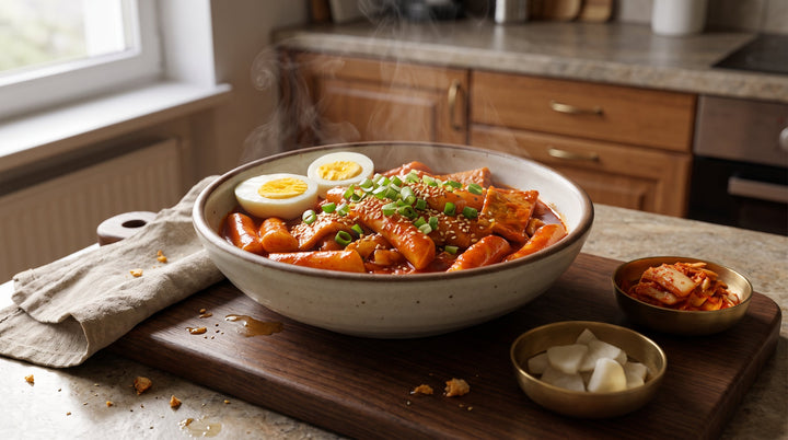tteok koreanische reiskuchen guide – fertiges Tteokbokki mit glänzender Gochujang-Soße, Sesam und Frühlingszwiebeln