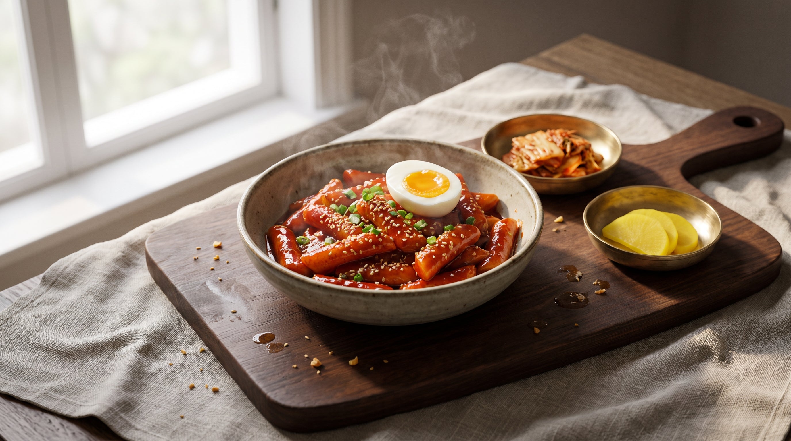 tteokbokki rezept fertig angerichtet: glänzende Reiskuchen in roter Gochujang-Soße mit Sesam und Frühlingszwiebeln