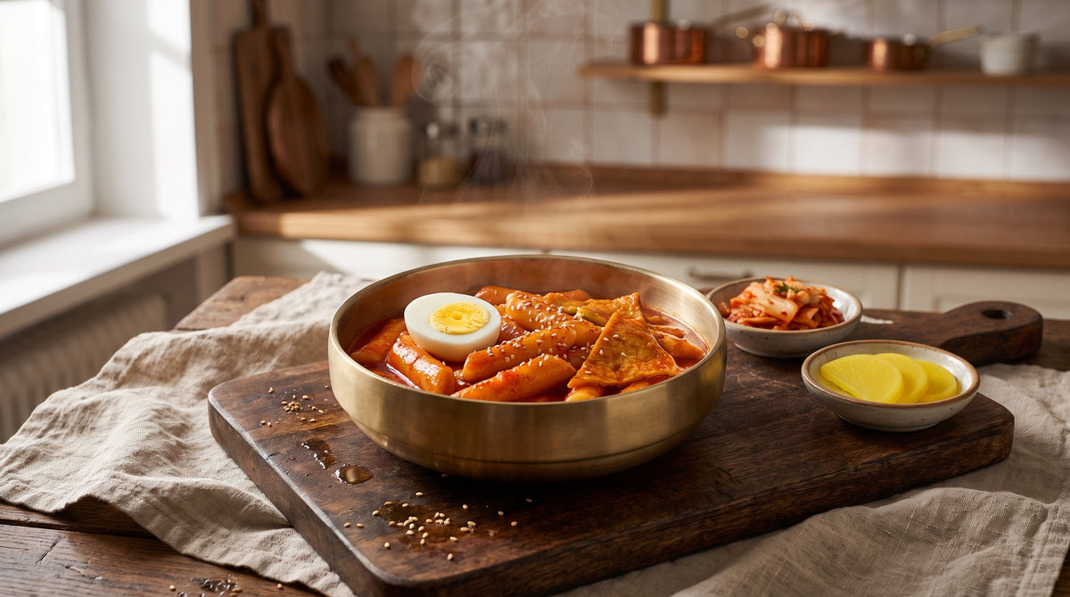 Finished tteokbokki recipe — glossy spicy Korean rice cakes topped with sesame seeds and spring onion