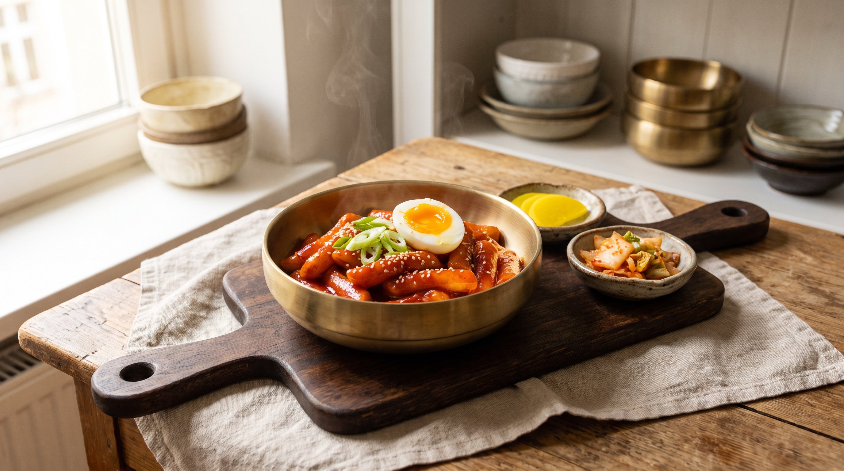tteokbokki receta terminada: tteok glaseados en salsa roja brillante con huevo cocido y cebolleta