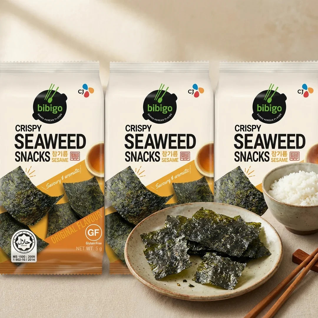 Bibigo Seaweed Snack Savory Sesame Oil Flavor Original 5g (3-Pack)